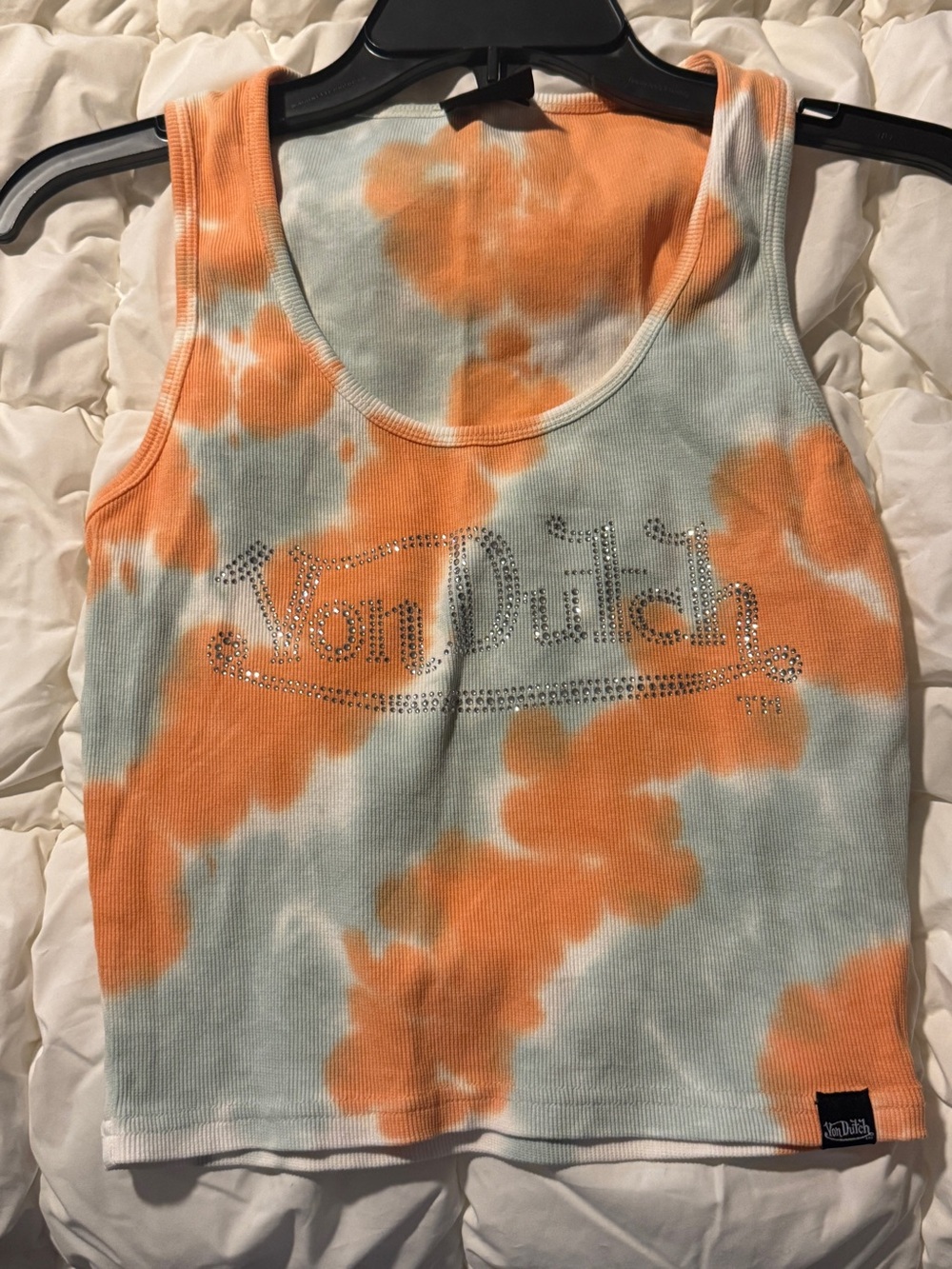 Vintage Von Dutch Orange & Light Blue Tie-Dye Rhinestone Logo Tank